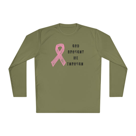 Breast Cancer Awareness Long Sleeve Tee - God Brought Me Through, Cute Gift, Hope Shirt, Inspirational Apparel, Supportive Clothing