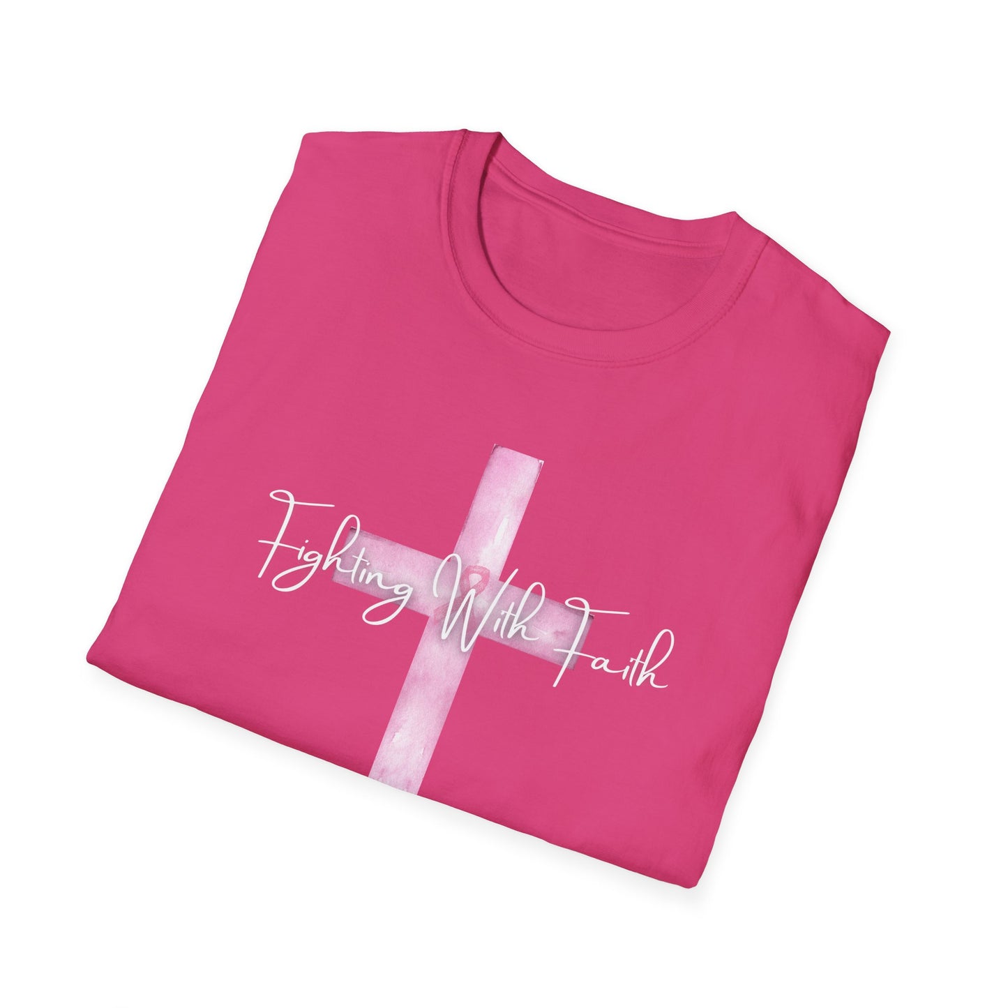 Pink Cross Fighting with Faith Unisex Softstyle T-Shirt, Faith Tee, Casual Wear, Christian Gift, Religious Apparel, Everyday Comfort