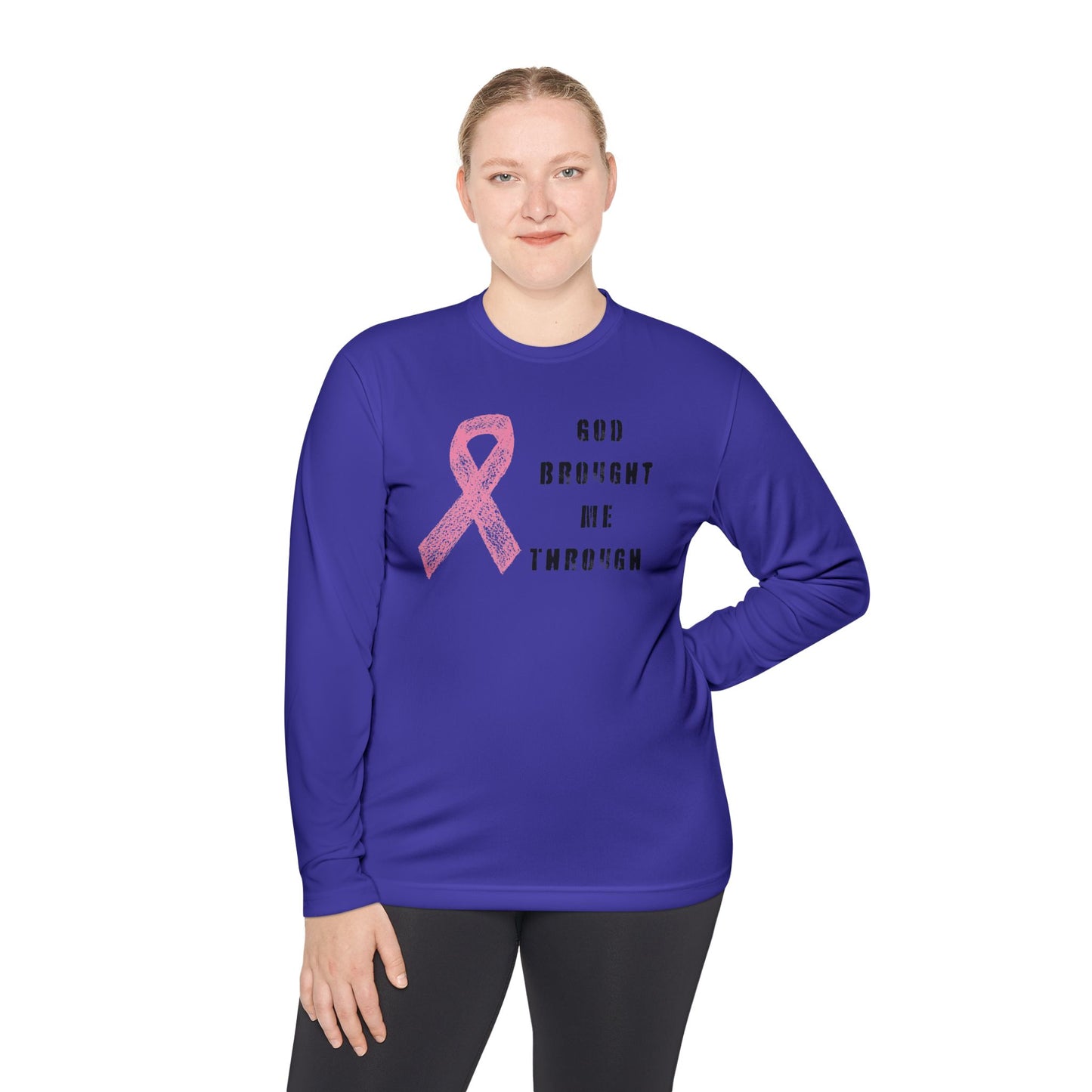 Breast Cancer Awareness Long Sleeve Tee - God Brought Me Through, Cute Gift, Hope Shirt, Inspirational Apparel, Supportive Clothing