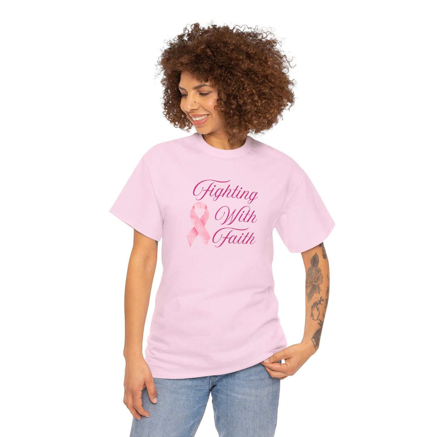 Fighting With Faith Pink Ribbon Tee, Support Breast Cancer Awareness, Unisex Cotton Shirt, Gift for Cancer Fighters, Inspirational Apparel