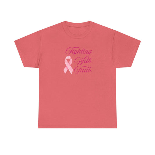 Fighting With Faith Pink Ribbon Tee, Support Breast Cancer Awareness, Unisex Cotton Shirt, Gift for Cancer Fighters, Inspirational Apparel