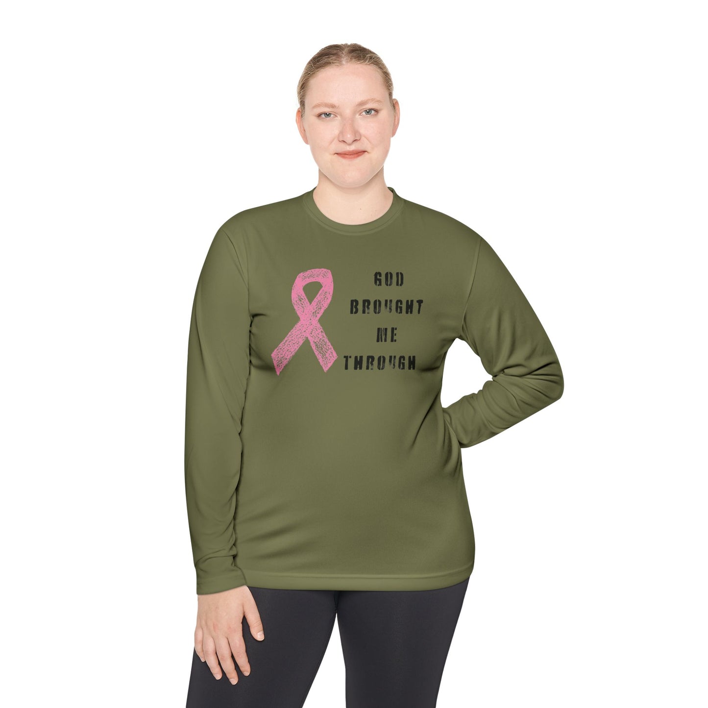 Breast Cancer Awareness Long Sleeve Tee - God Brought Me Through, Cute Gift, Hope Shirt, Inspirational Apparel, Supportive Clothing