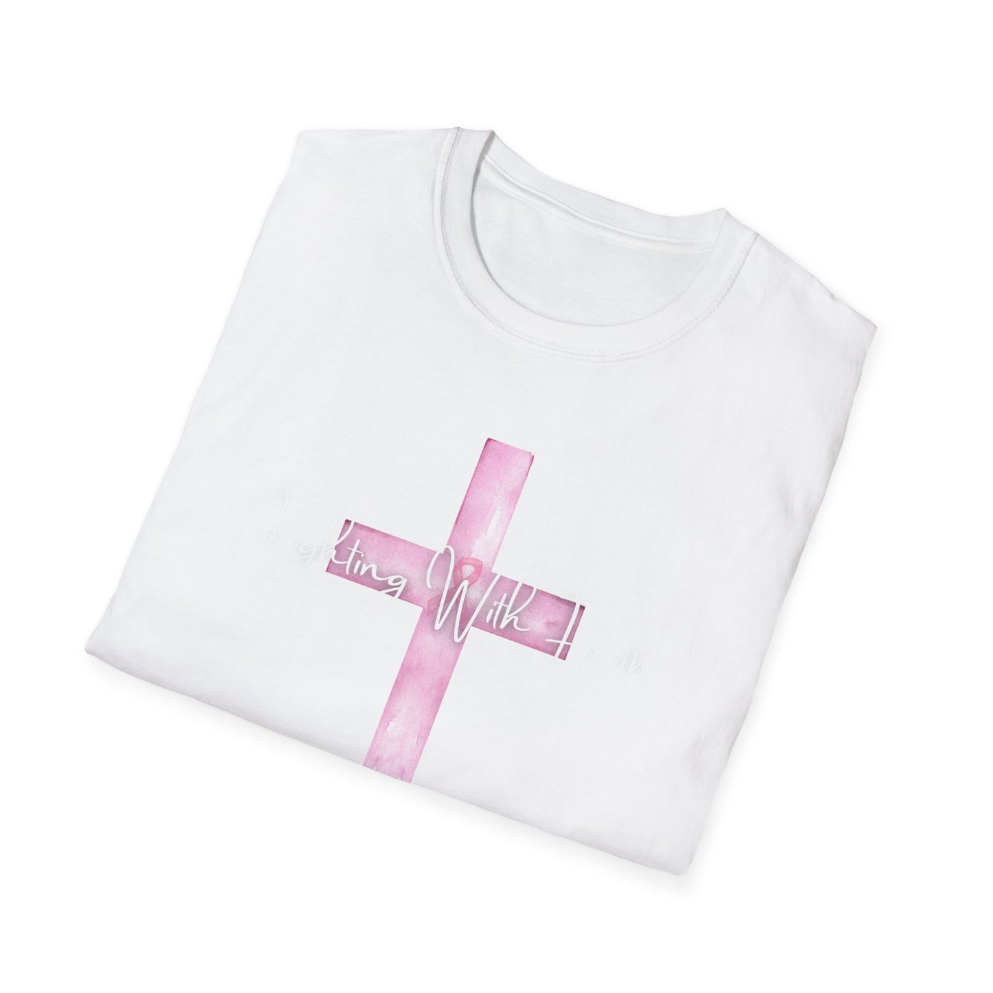 Pink Cross Fighting with Faith Unisex Softstyle T-Shirt, Faith Tee, Casual Wear, Christian Gift, Religious Apparel, Everyday Comfort