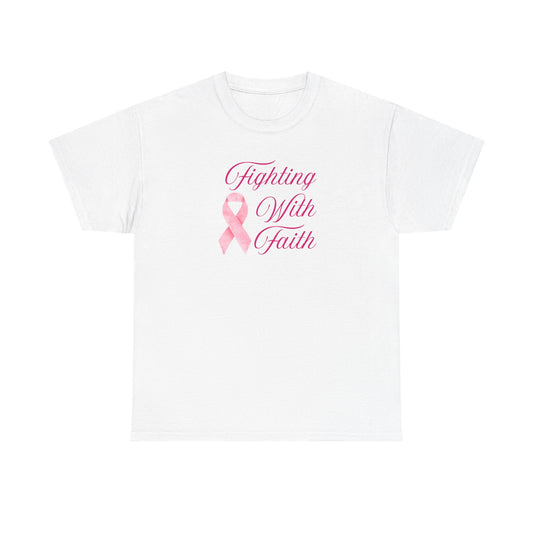 Fighting With Faith Pink Ribbon Tee, Support Breast Cancer Awareness, Unisex Cotton Shirt, Gift for Cancer Fighters, Inspirational Apparel