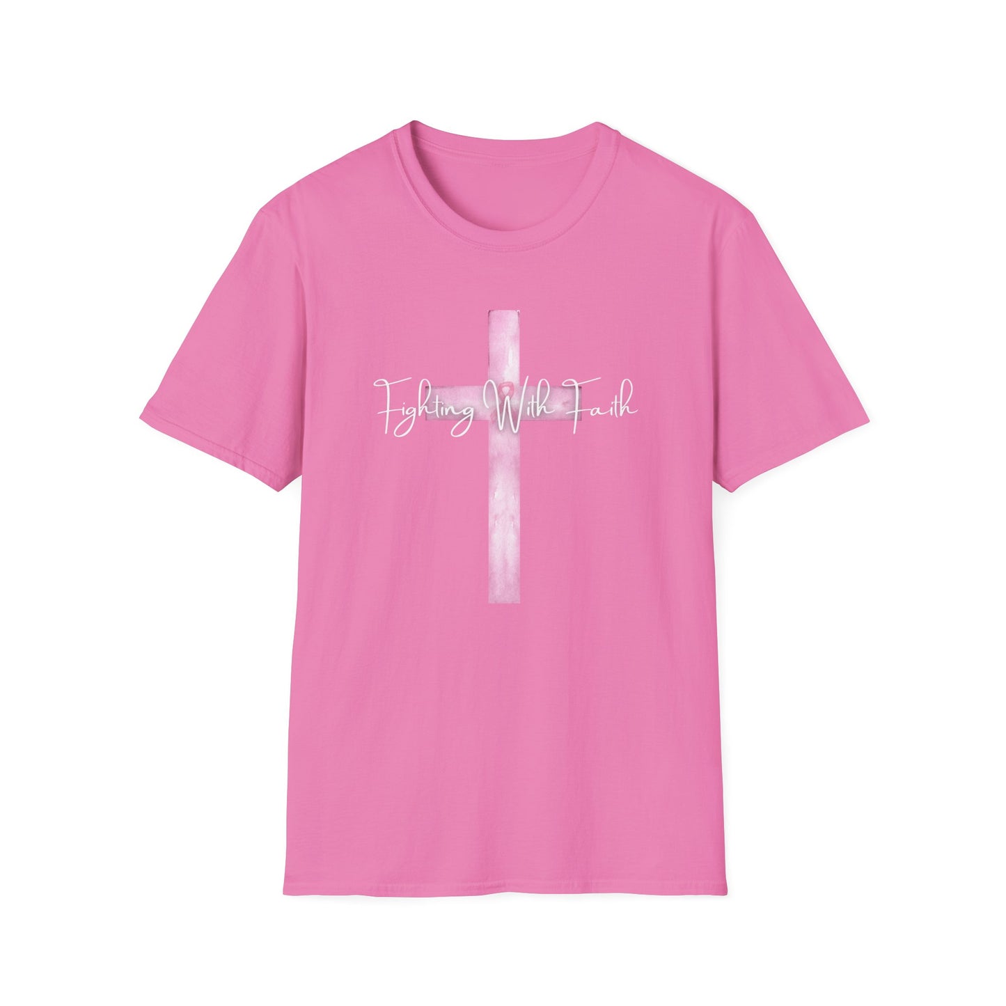 Pink Cross Fighting with Faith Unisex Softstyle T-Shirt, Faith Tee, Casual Wear, Christian Gift, Religious Apparel, Everyday Comfort
