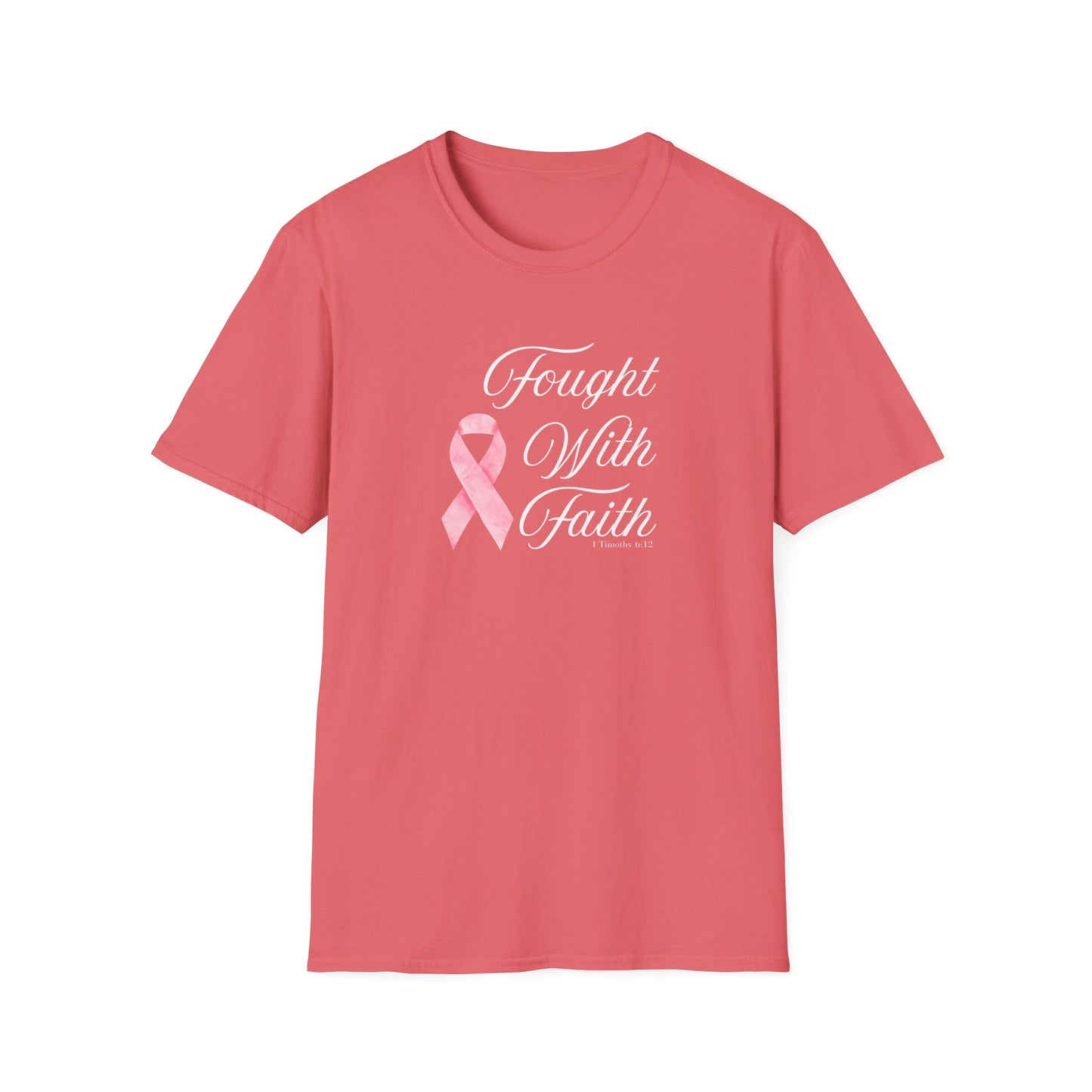 Pink Ribbon Fought With Faith Unisex Softstyle T-Shirt, Breast Cancer Awareness Tee, Supportive Gift, Inspirational Shirt, Faith T-Shirt