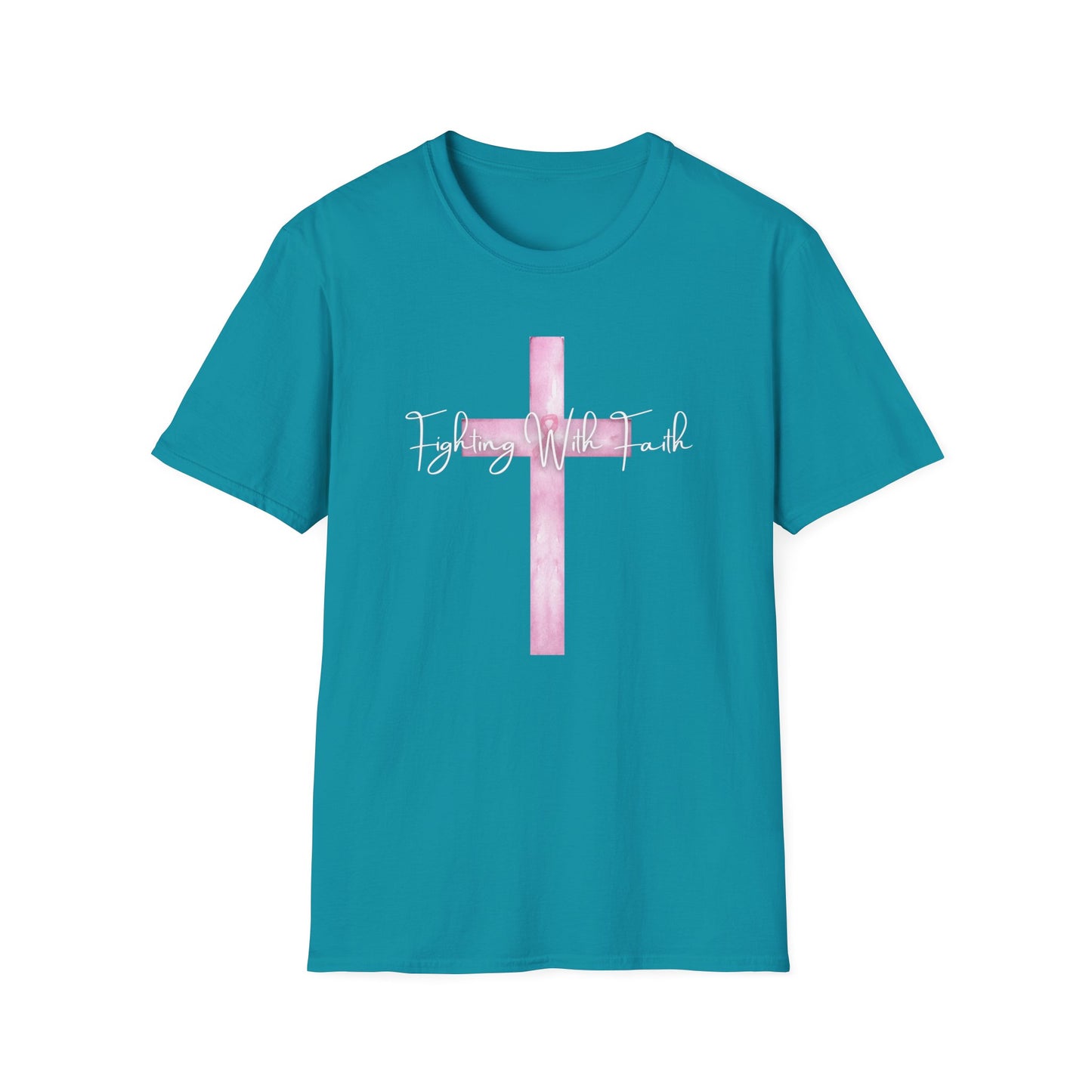 Pink Cross Fighting with Faith Unisex Softstyle T-Shirt, Faith Tee, Casual Wear, Christian Gift, Religious Apparel, Everyday Comfort