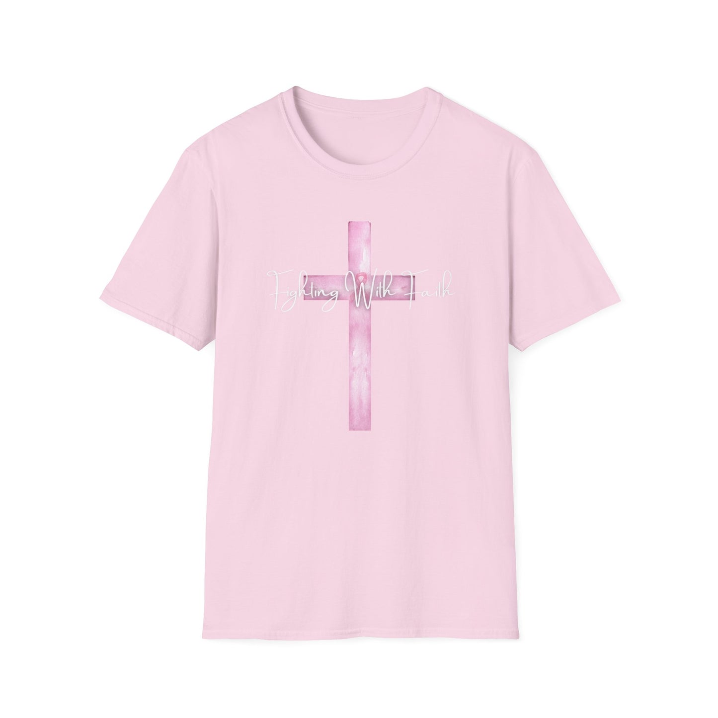 Pink Cross Fighting with Faith Unisex Softstyle T-Shirt, Faith Tee, Casual Wear, Christian Gift, Religious Apparel, Everyday Comfort