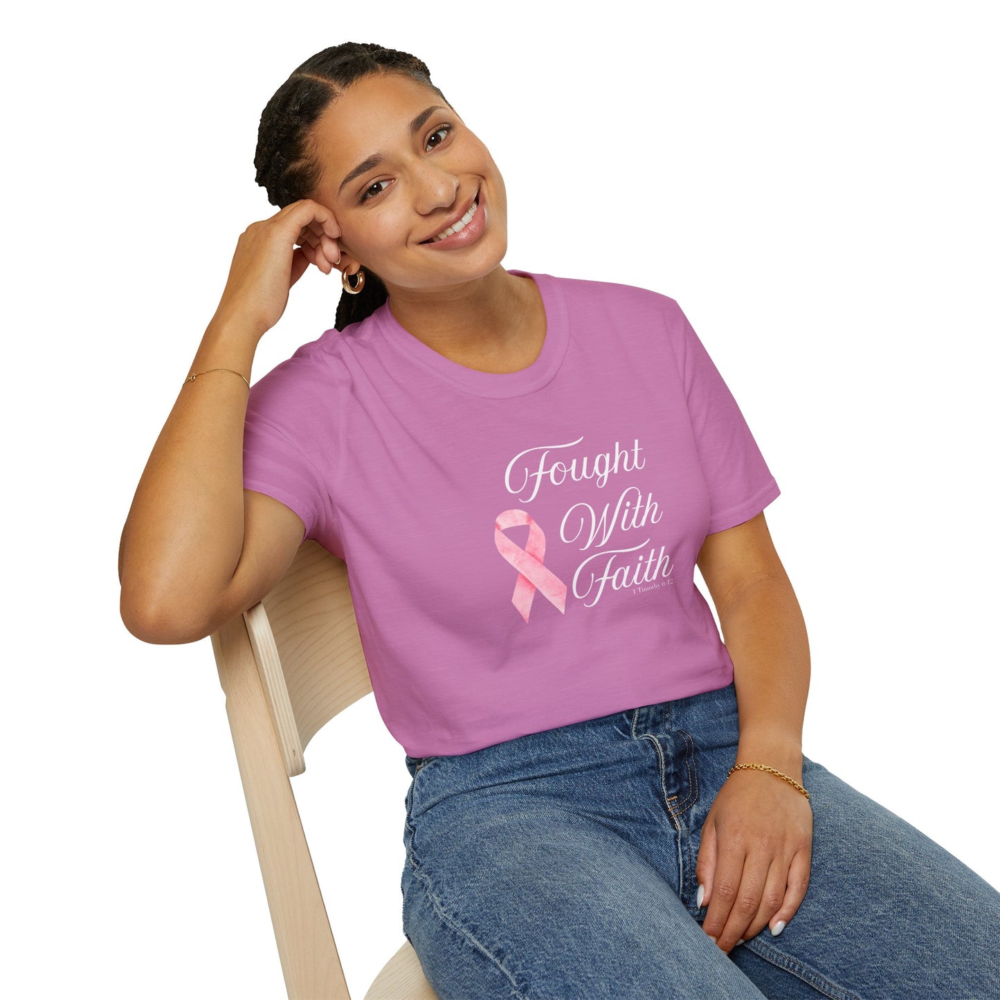 Pink Ribbon Fought With Faith Unisex Softstyle T-Shirt, Breast Cancer Awareness Tee, Supportive Gift, Inspirational Shirt, Faith T-Shirt