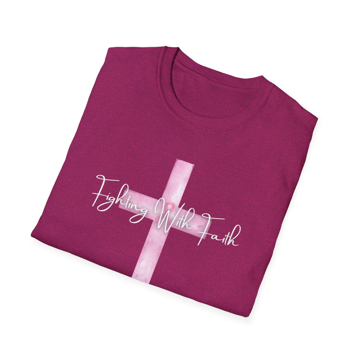 Pink Cross Fighting with Faith Unisex Softstyle T-Shirt, Faith Tee, Casual Wear, Christian Gift, Religious Apparel, Everyday Comfort