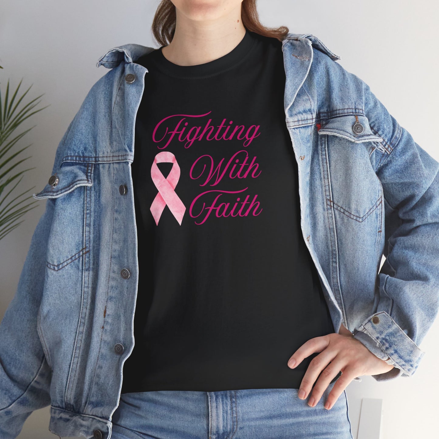Fighting With Faith Pink Ribbon Tee, Support Breast Cancer Awareness, Unisex Cotton Shirt, Gift for Cancer Fighters, Inspirational Apparel