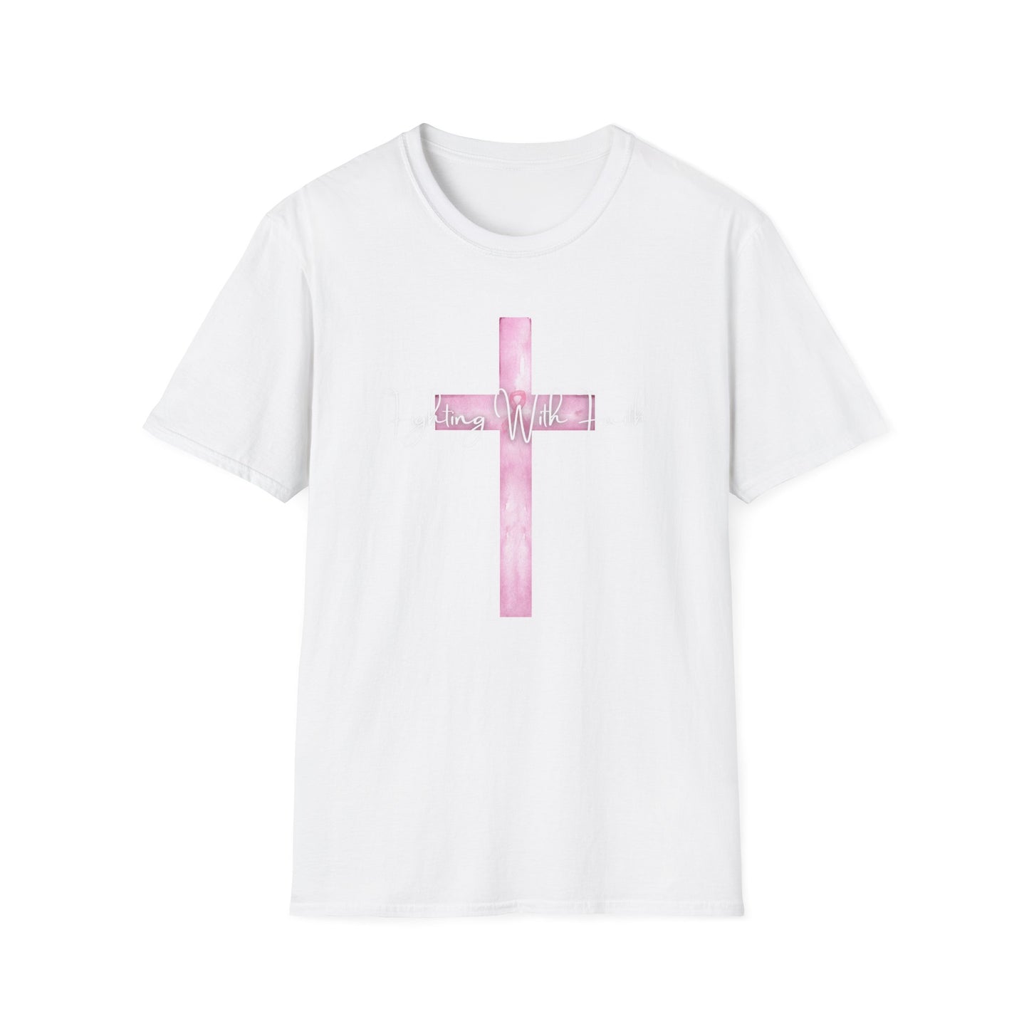 Pink Cross Fighting with Faith Unisex Softstyle T-Shirt, Faith Tee, Casual Wear, Christian Gift, Religious Apparel, Everyday Comfort