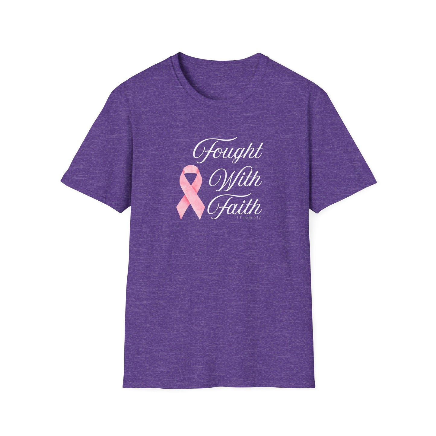 Pink Ribbon Fought With Faith Unisex Softstyle T-Shirt, Breast Cancer Awareness Tee, Supportive Gift, Inspirational Shirt, Faith T-Shirt