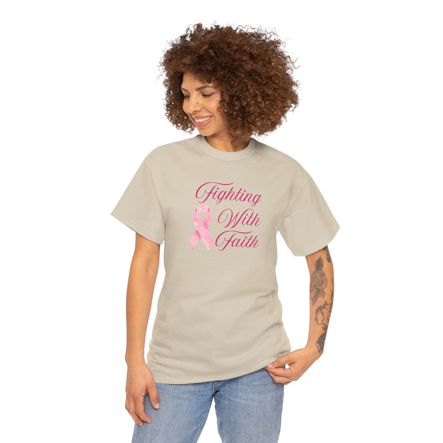 Fighting With Faith Pink Ribbon Tee, Support Breast Cancer Awareness, Unisex Cotton Shirt, Gift for Cancer Fighters, Inspirational Apparel