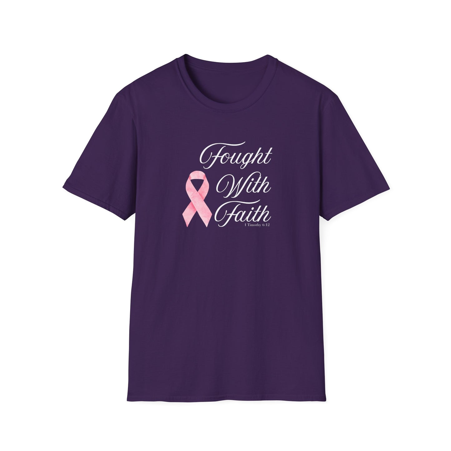 Pink Ribbon Fought With Faith Unisex Softstyle T-Shirt, Breast Cancer Awareness Tee, Supportive Gift, Inspirational Shirt, Faith T-Shirt