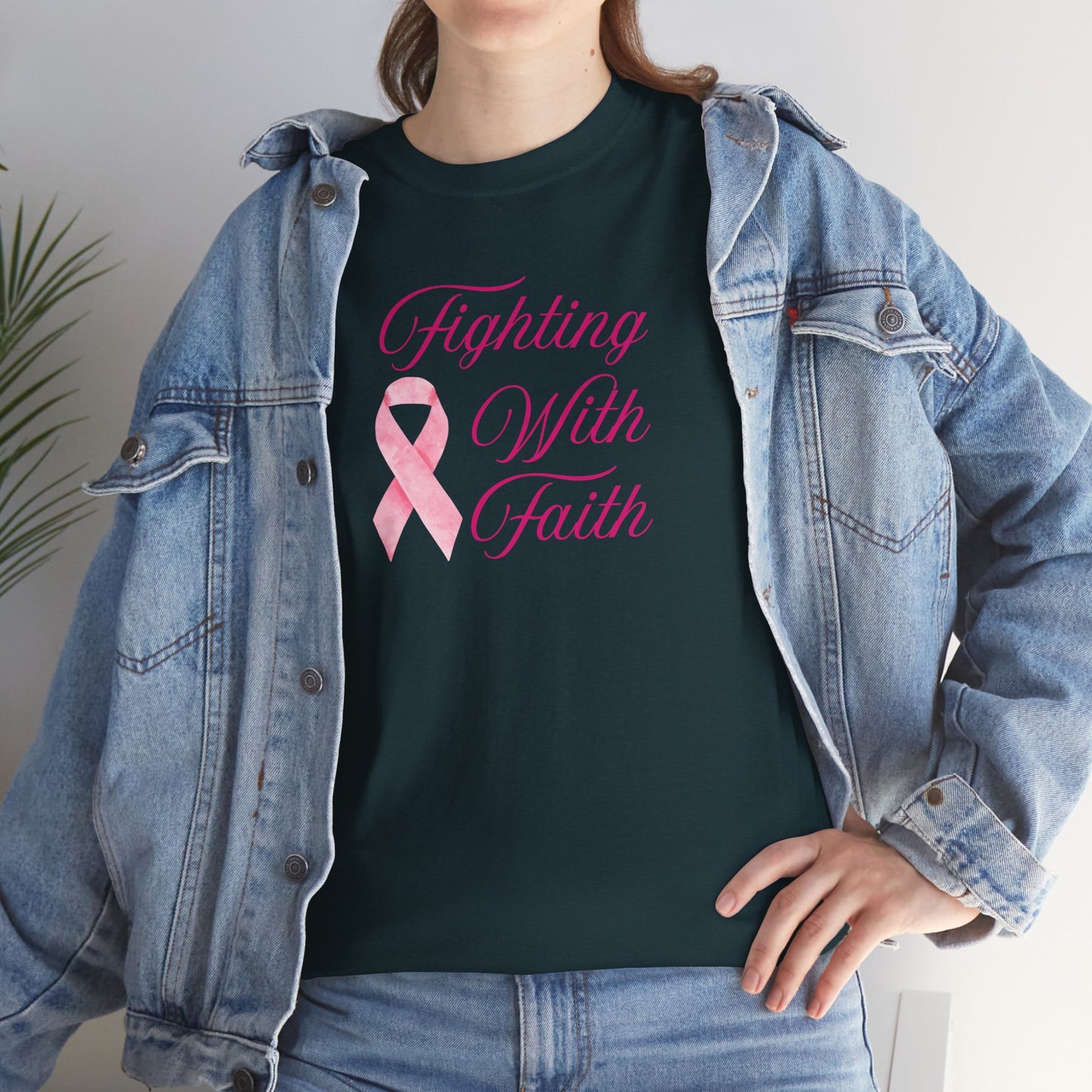 Fighting With Faith Pink Ribbon Tee, Support Breast Cancer Awareness, Unisex Cotton Shirt, Gift for Cancer Fighters, Inspirational Apparel