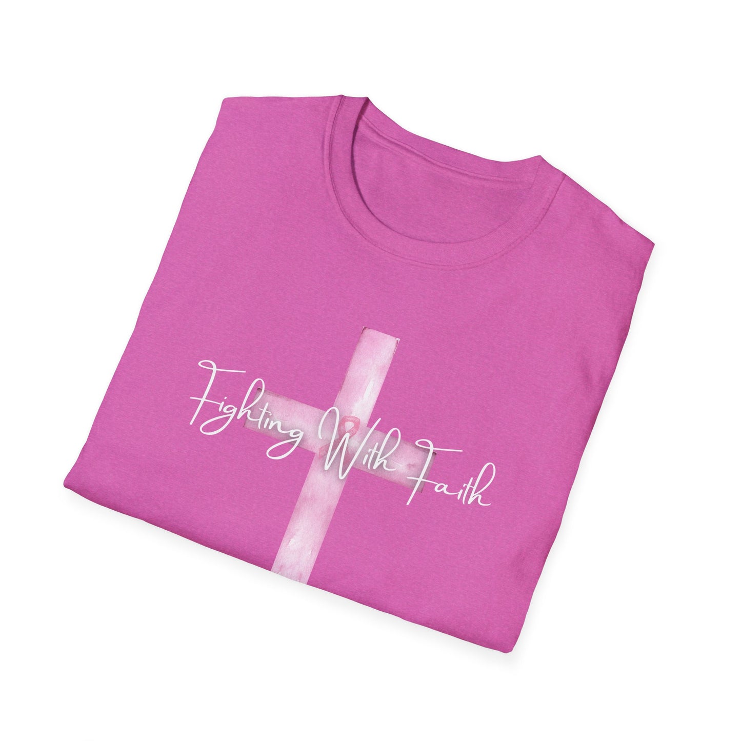 Pink Cross Fighting with Faith Unisex Softstyle T-Shirt, Faith Tee, Casual Wear, Christian Gift, Religious Apparel, Everyday Comfort