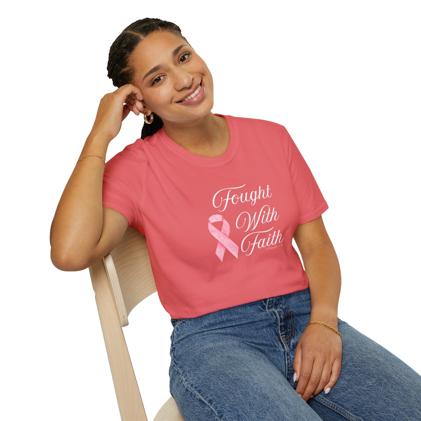Pink Ribbon Fought With Faith Unisex Softstyle T-Shirt, Breast Cancer Awareness Tee, Supportive Gift, Inspirational Shirt, Faith T-Shirt