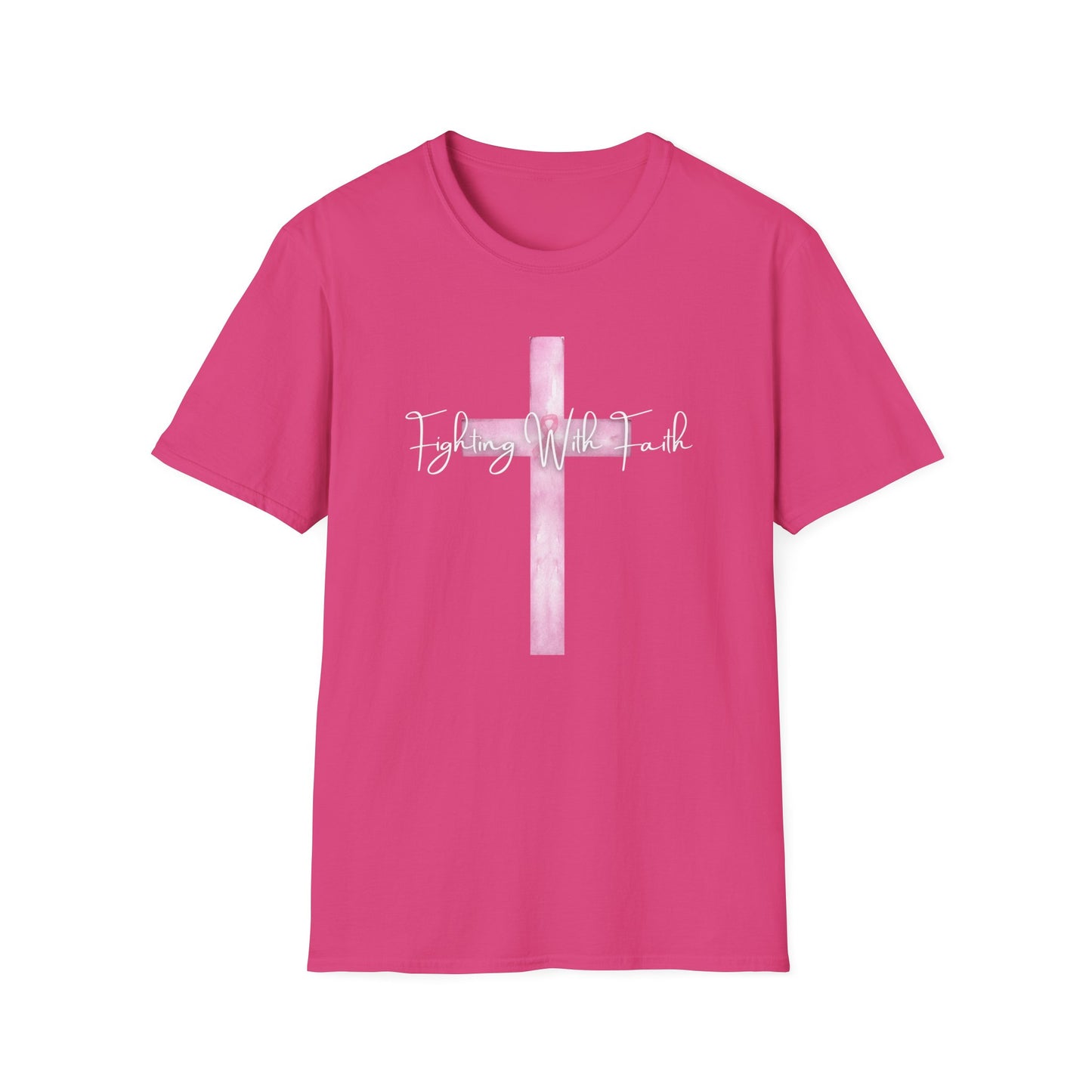 Pink Cross Fighting with Faith Unisex Softstyle T-Shirt, Faith Tee, Casual Wear, Christian Gift, Religious Apparel, Everyday Comfort