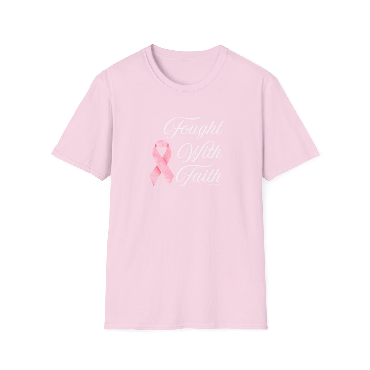 Pink Ribbon Fought With Faith Unisex Softstyle T-Shirt, Breast Cancer Awareness Tee, Supportive Gift, Inspirational Shirt, Faith T-Shirt