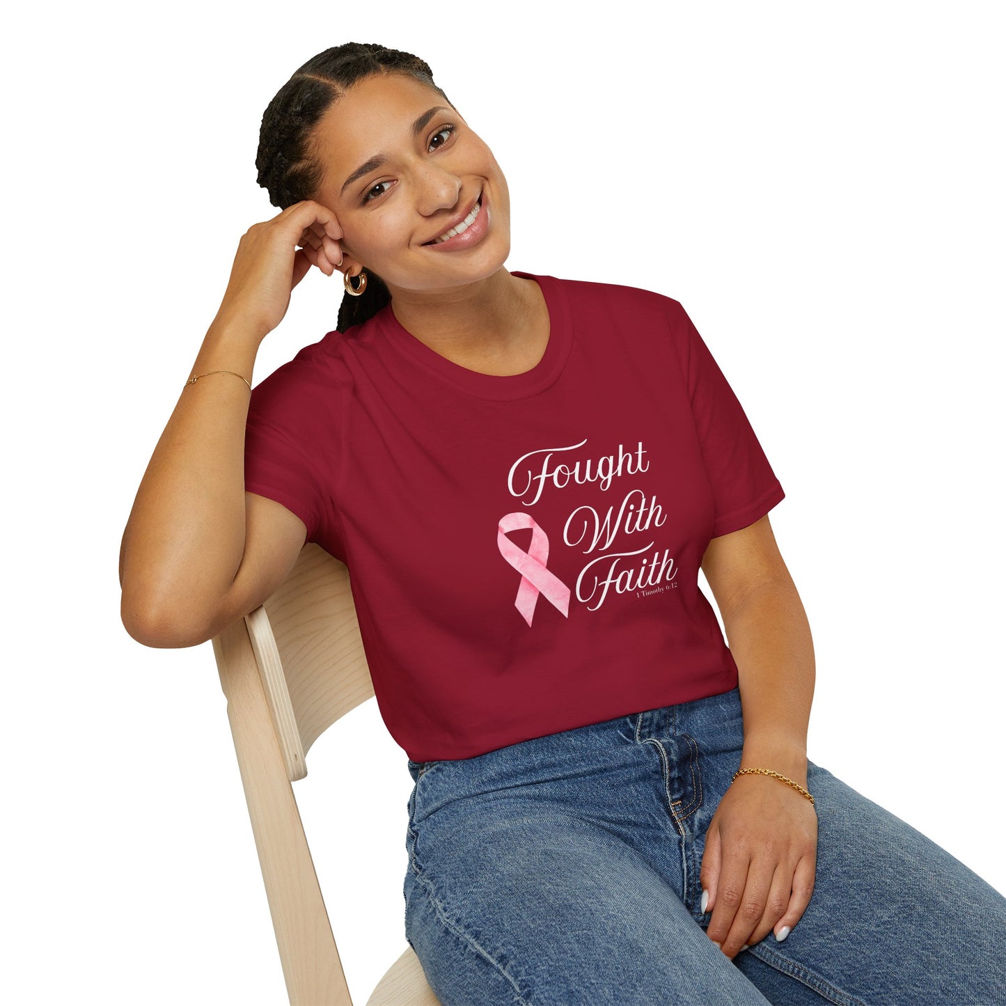 Pink Ribbon Fought With Faith Unisex Softstyle T-Shirt, Breast Cancer Awareness Tee, Supportive Gift, Inspirational Shirt, Faith T-Shirt