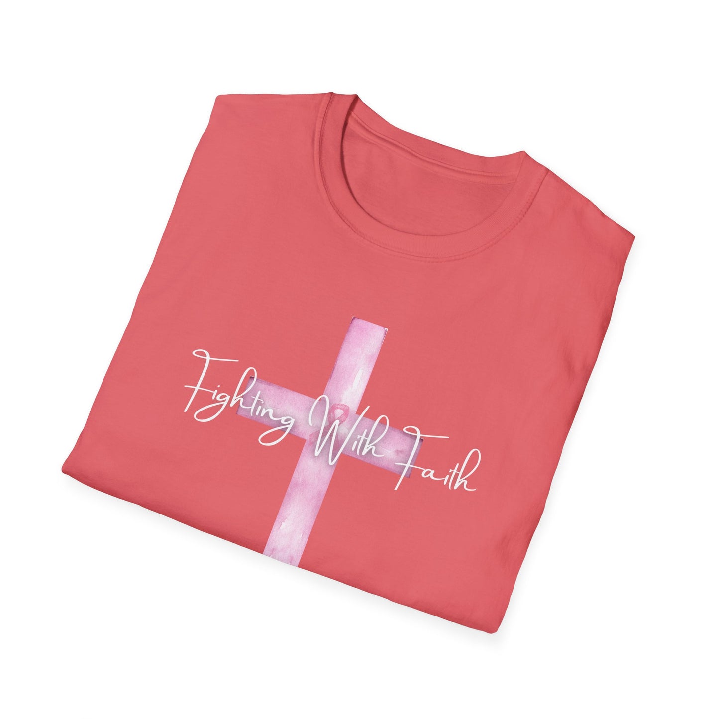 Pink Cross Fighting with Faith Unisex Softstyle T-Shirt, Faith Tee, Casual Wear, Christian Gift, Religious Apparel, Everyday Comfort