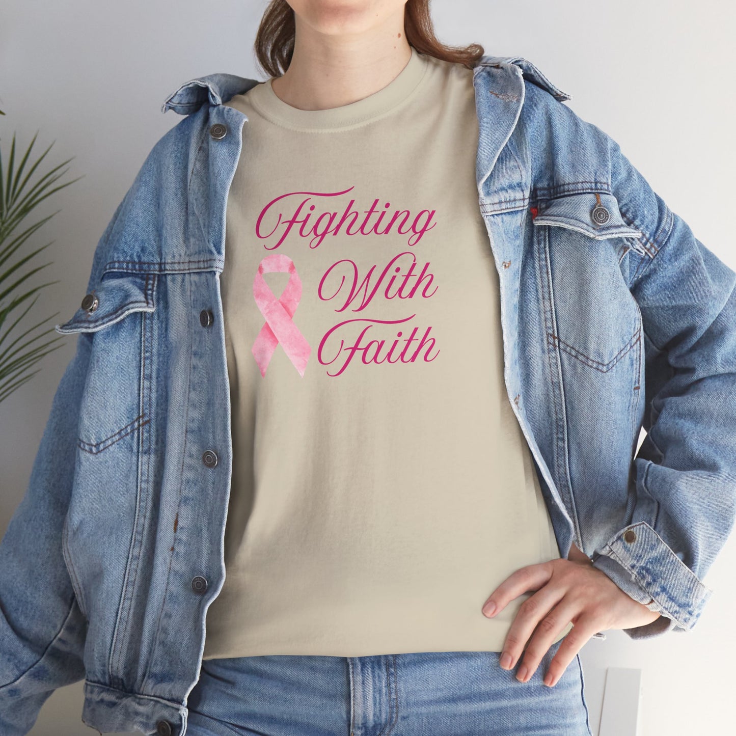 Fighting With Faith Pink Ribbon Tee, Support Breast Cancer Awareness, Unisex Cotton Shirt, Gift for Cancer Fighters, Inspirational Apparel