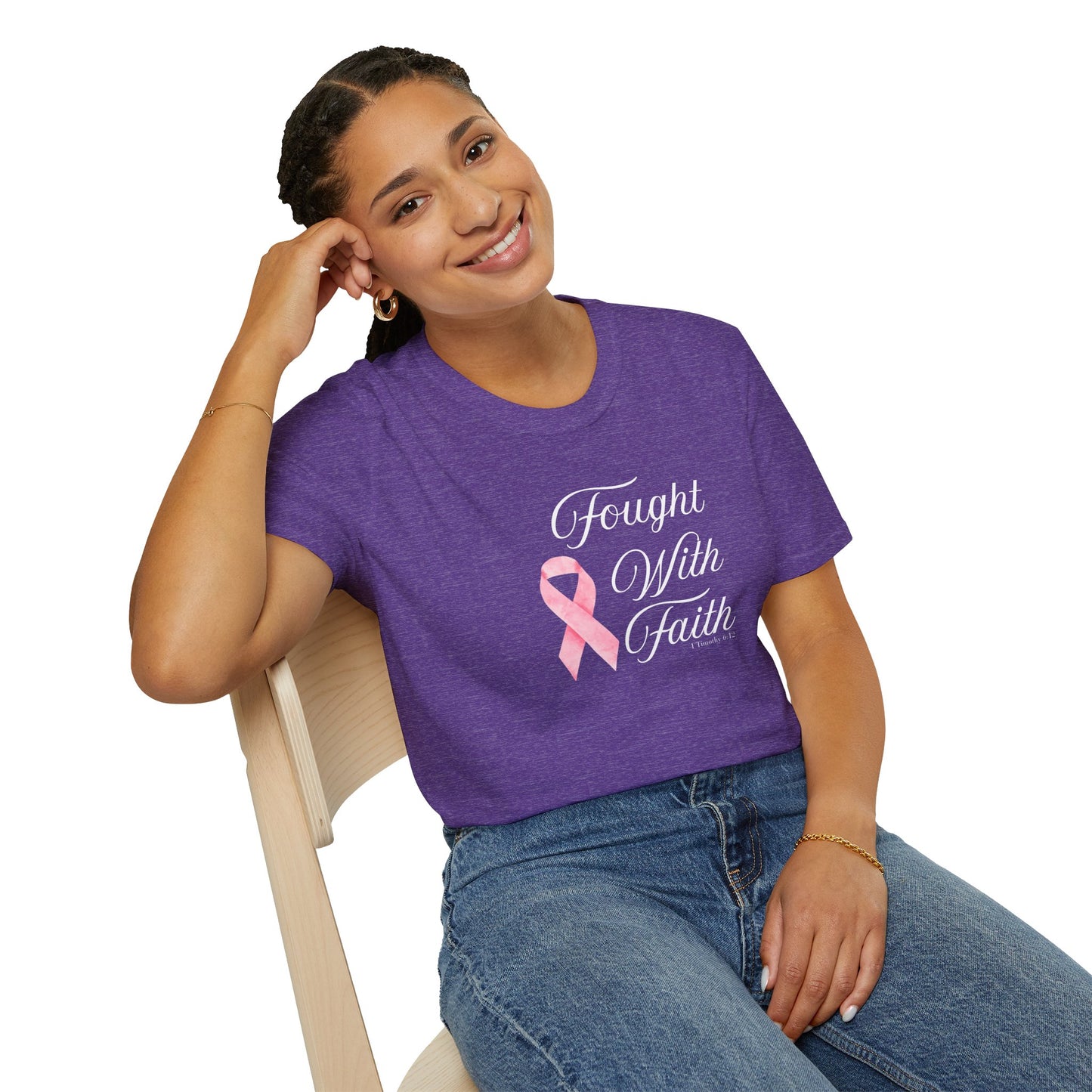 Pink Ribbon Fought With Faith Unisex Softstyle T-Shirt, Breast Cancer Awareness Tee, Supportive Gift, Inspirational Shirt, Faith T-Shirt