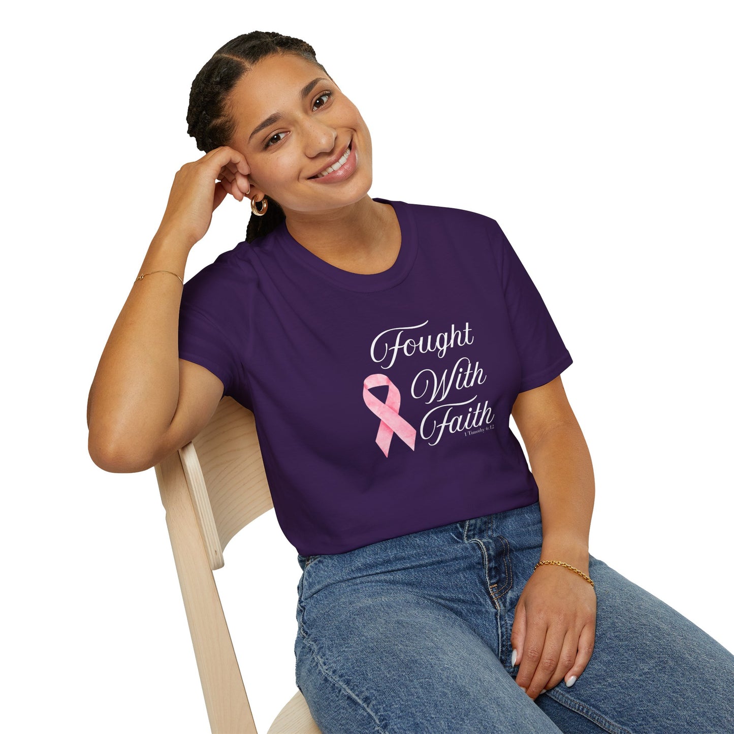 Pink Ribbon Fought With Faith Unisex Softstyle T-Shirt, Breast Cancer Awareness Tee, Supportive Gift, Inspirational Shirt, Faith T-Shirt