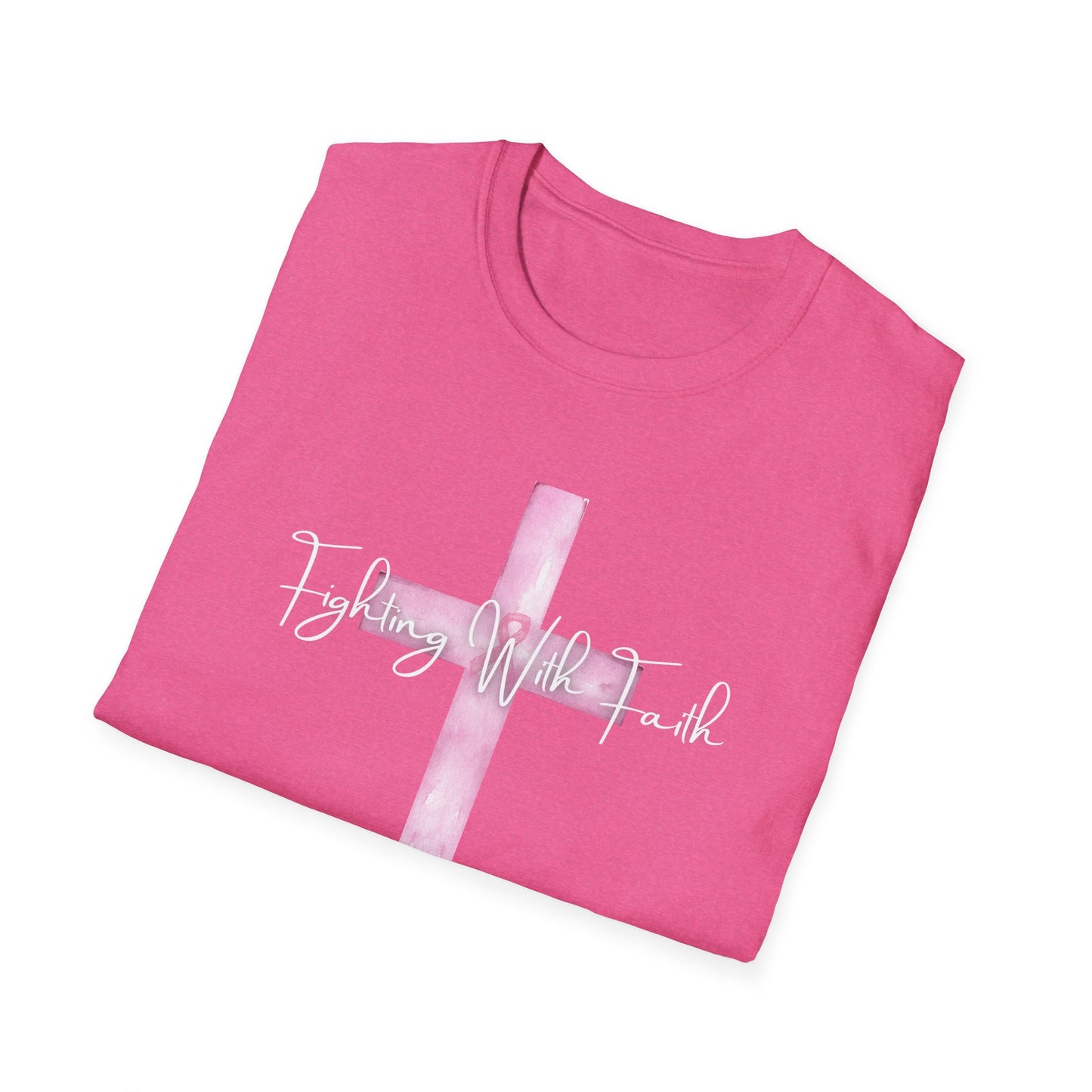 Pink Cross Fighting with Faith Unisex Softstyle T-Shirt, Faith Tee, Casual Wear, Christian Gift, Religious Apparel, Everyday Comfort