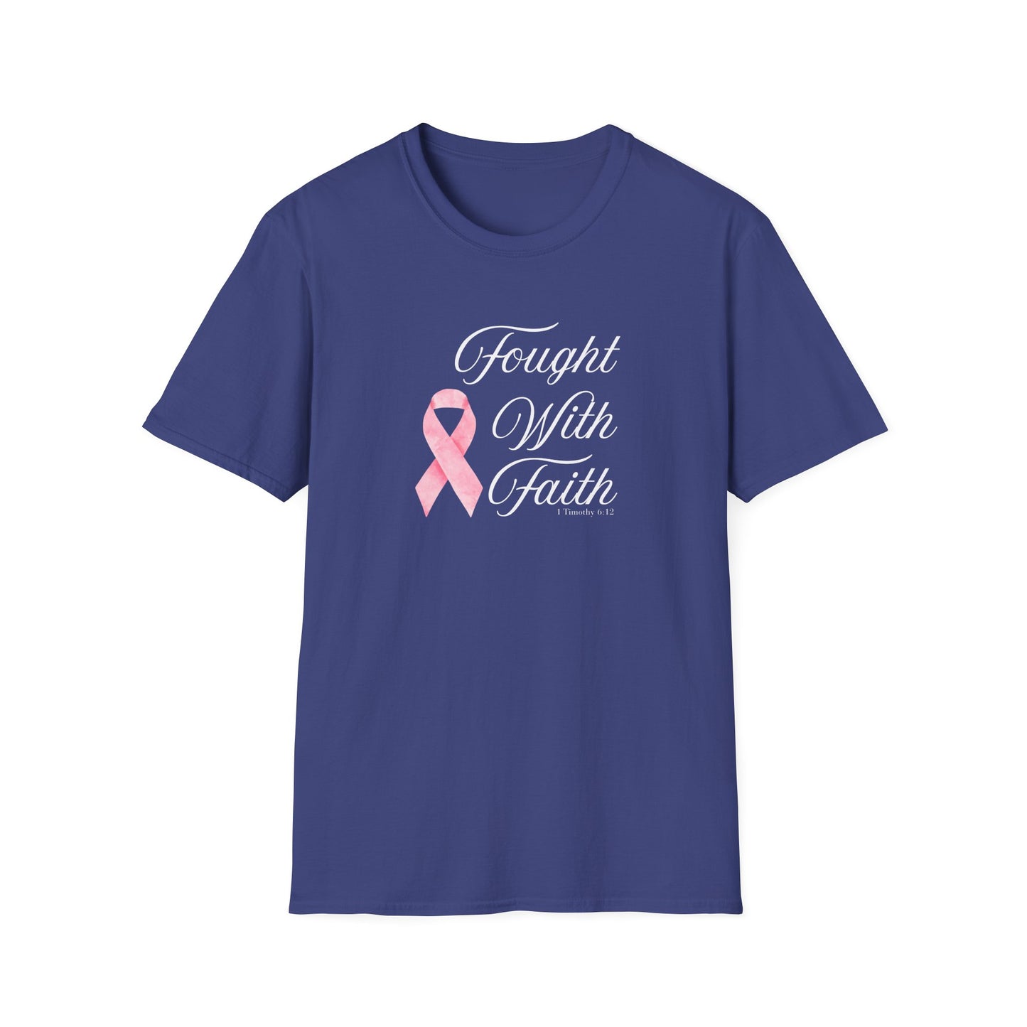 Pink Ribbon Fought With Faith Unisex Softstyle T-Shirt, Breast Cancer Awareness Tee, Supportive Gift, Inspirational Shirt, Faith T-Shirt
