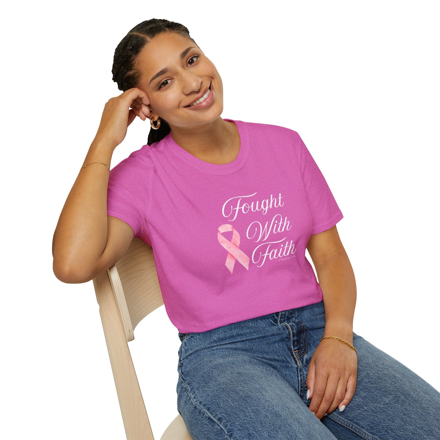 Pink Ribbon Fought With Faith Unisex Softstyle T-Shirt, Breast Cancer Awareness Tee, Supportive Gift, Inspirational Shirt, Faith T-Shirt