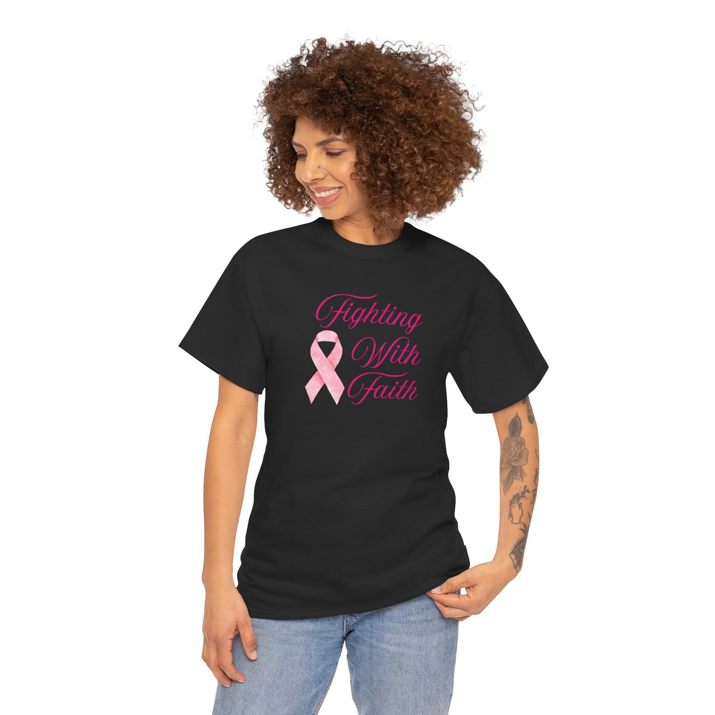 Fighting With Faith Pink Ribbon Tee, Support Breast Cancer Awareness, Unisex Cotton Shirt, Gift for Cancer Fighters, Inspirational Apparel