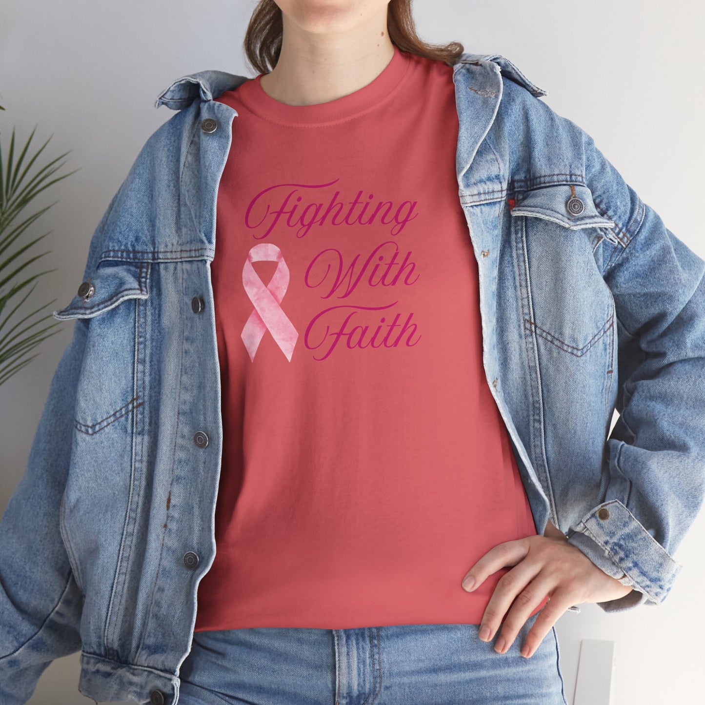 Fighting With Faith Pink Ribbon Tee, Support Breast Cancer Awareness, Unisex Cotton Shirt, Gift for Cancer Fighters, Inspirational Apparel