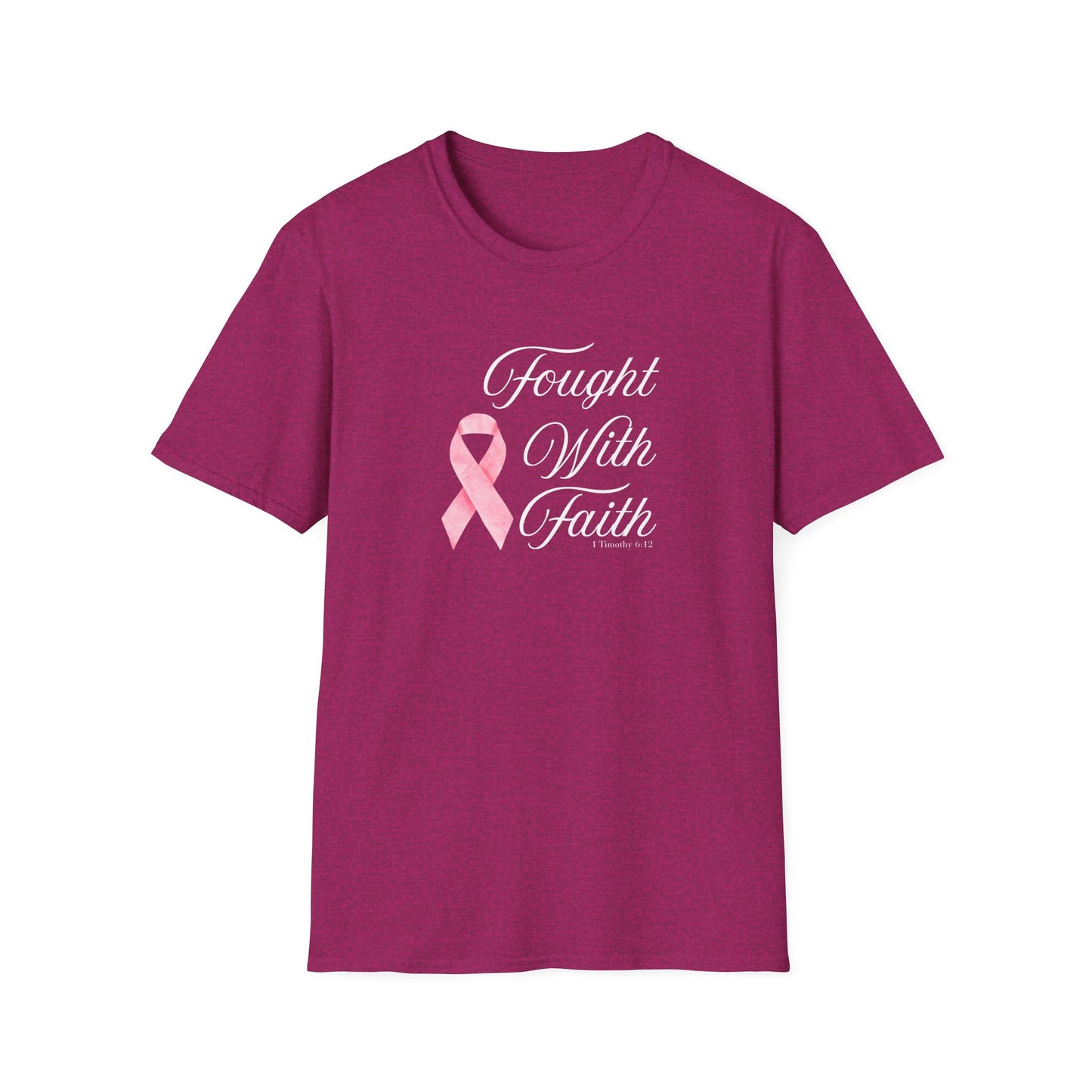 Pink Ribbon Fought With Faith Unisex Softstyle T-Shirt, Breast Cancer Awareness Tee, Supportive Gift, Inspirational Shirt, Faith T-Shirt