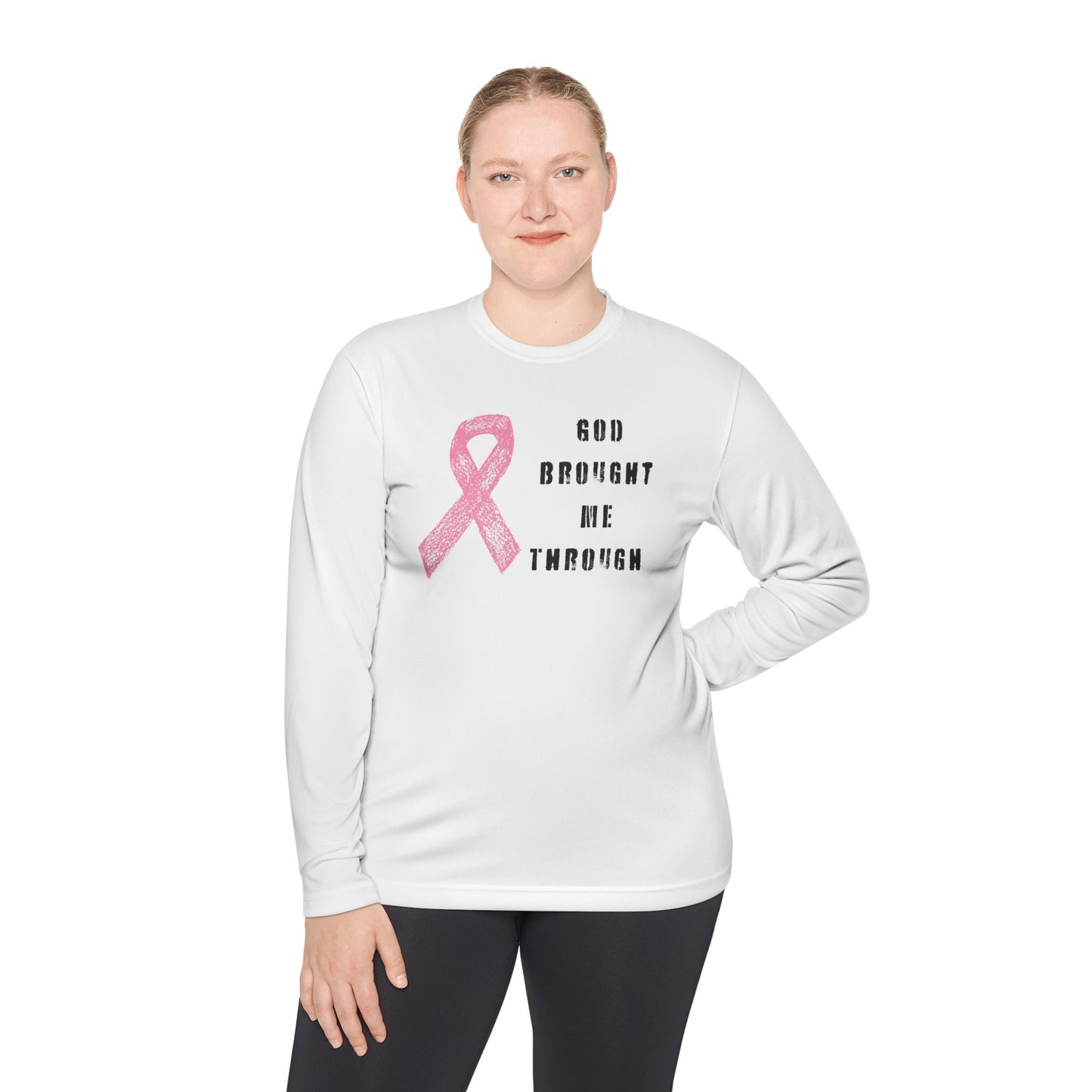 Breast Cancer Awareness Long Sleeve Tee - God Brought Me Through, Cute Gift, Hope Shirt, Inspirational Apparel, Supportive Clothing