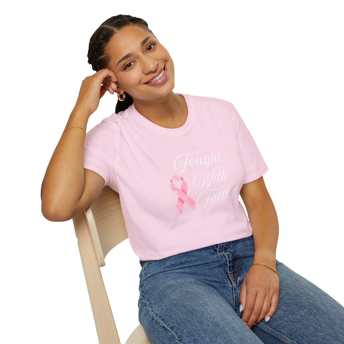 Pink Ribbon Fought With Faith Unisex Softstyle T-Shirt, Breast Cancer Awareness Tee, Supportive Gift, Inspirational Shirt, Faith T-Shirt