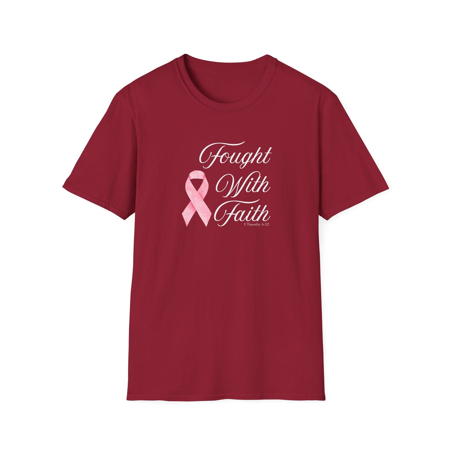 Pink Ribbon Fought With Faith Unisex Softstyle T-Shirt, Breast Cancer Awareness Tee, Supportive Gift, Inspirational Shirt, Faith T-Shirt