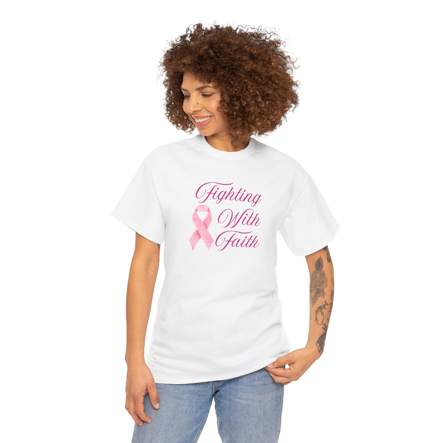 Fighting With Faith Pink Ribbon Tee, Support Breast Cancer Awareness, Unisex Cotton Shirt, Gift for Cancer Fighters, Inspirational Apparel