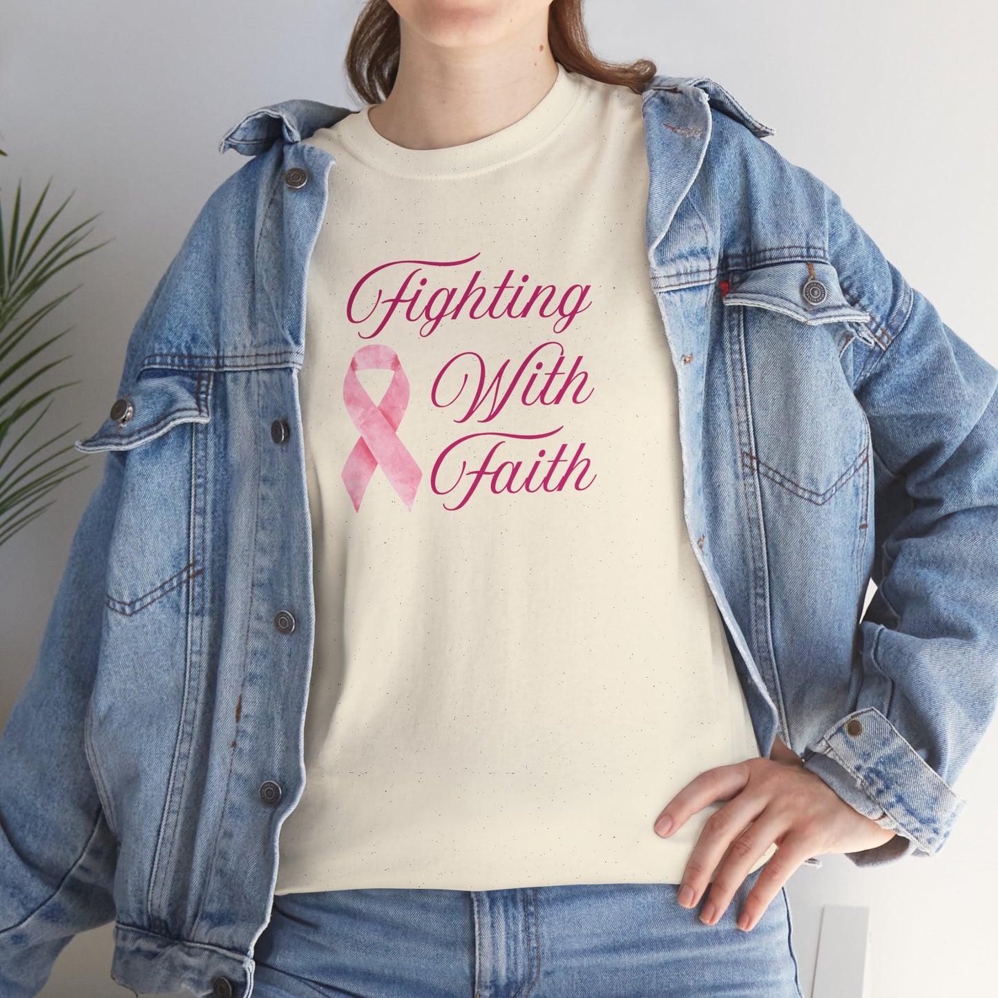 Fighting With Faith Pink Ribbon Tee, Support Breast Cancer Awareness, Unisex Cotton Shirt, Gift for Cancer Fighters, Inspirational Apparel