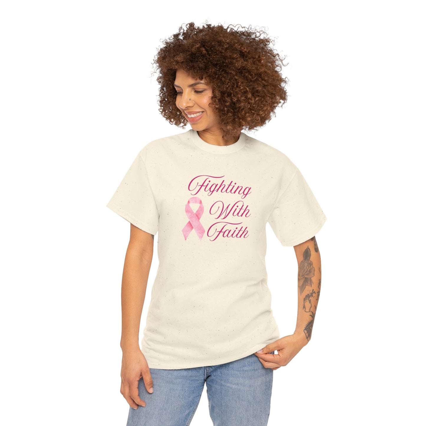 Fighting With Faith Pink Ribbon Tee, Support Breast Cancer Awareness, Unisex Cotton Shirt, Gift for Cancer Fighters, Inspirational Apparel