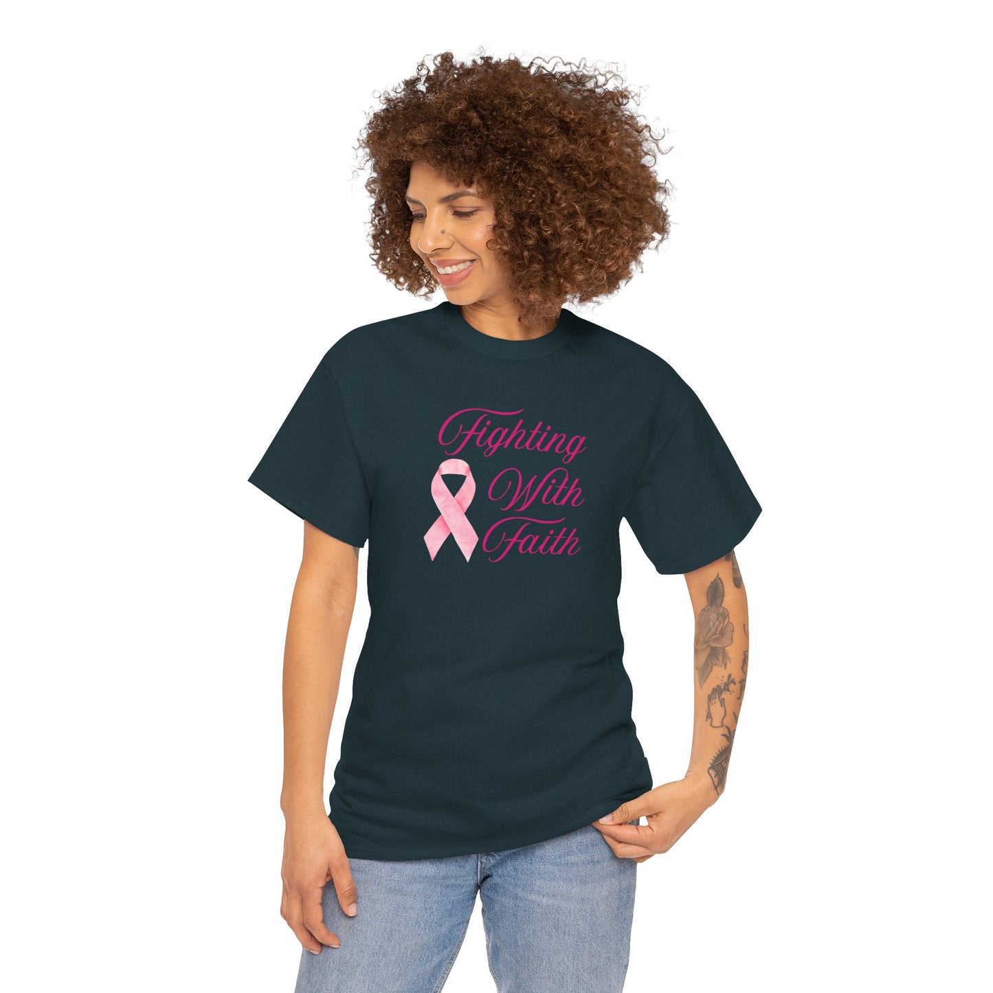 Fighting With Faith Pink Ribbon Tee, Support Breast Cancer Awareness, Unisex Cotton Shirt, Gift for Cancer Fighters, Inspirational Apparel