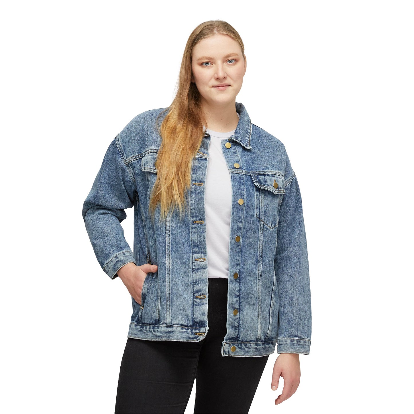 Women’s Denim Jacket — “Unstoppable Force” Back Graphic Lightweight Jean Jacket