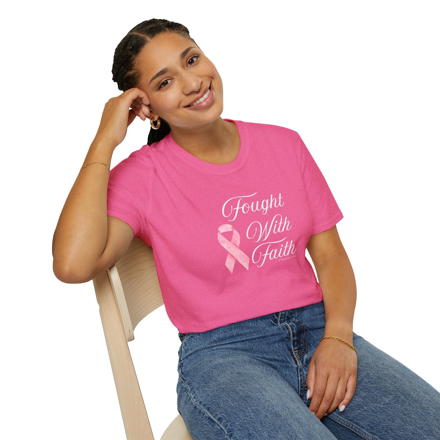 Pink Ribbon Fought With Faith Unisex Softstyle T-Shirt, Breast Cancer Awareness Tee, Supportive Gift, Inspirational Shirt, Faith T-Shirt