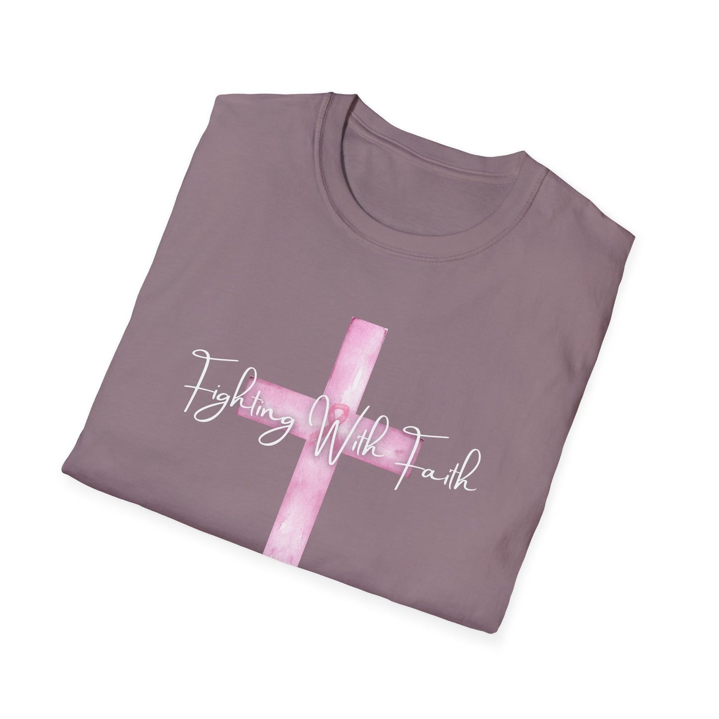 Pink Cross Fighting with Faith Unisex Softstyle T-Shirt, Faith Tee, Casual Wear, Christian Gift, Religious Apparel, Everyday Comfort