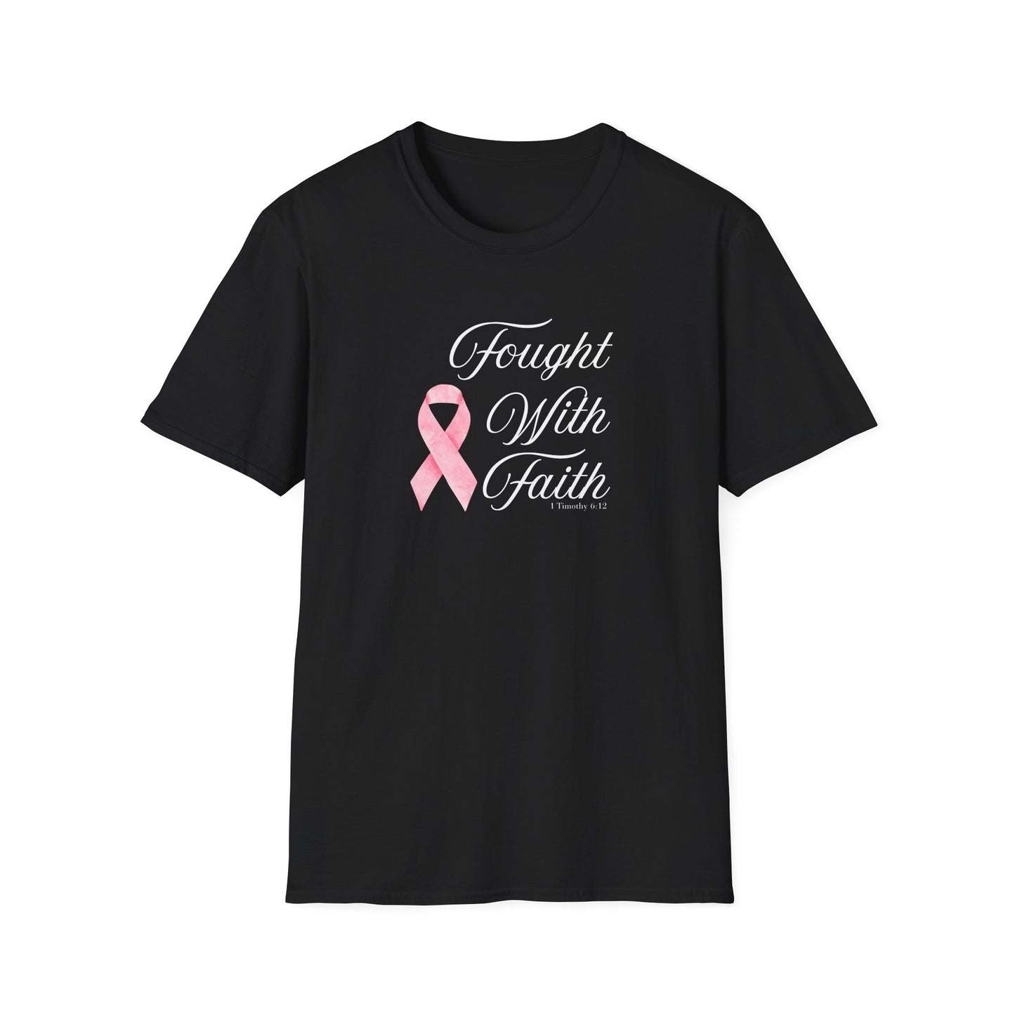 Pink Ribbon Fought With Faith Unisex Softstyle T-Shirt, Breast Cancer Awareness Tee, Supportive Gift, Inspirational Shirt, Faith T-Shirt