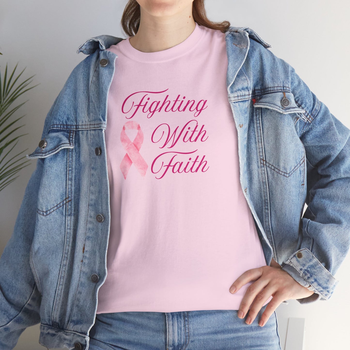 Fighting With Faith Pink Ribbon Tee, Support Breast Cancer Awareness, Unisex Cotton Shirt, Gift for Cancer Fighters, Inspirational Apparel
