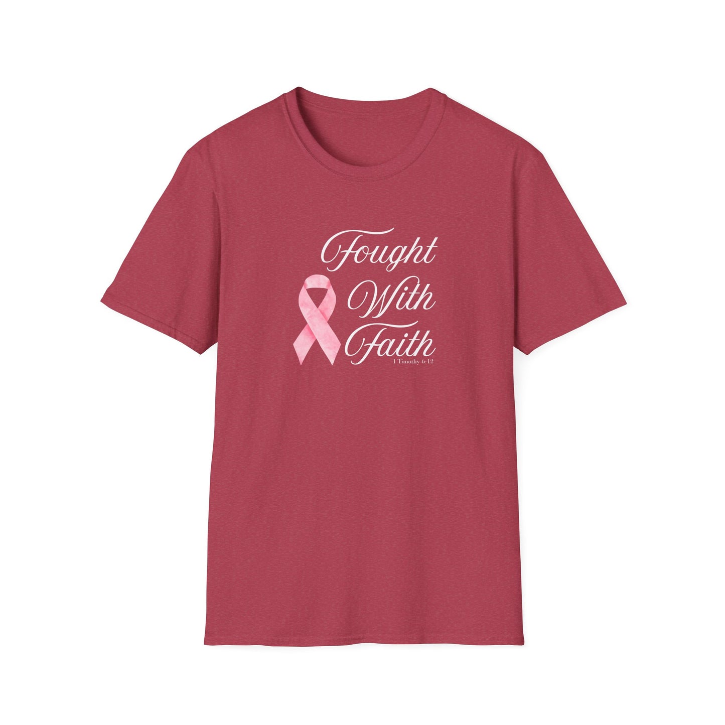 Pink Ribbon Fought With Faith Unisex Softstyle T-Shirt, Breast Cancer Awareness Tee, Supportive Gift, Inspirational Shirt, Faith T-Shirt
