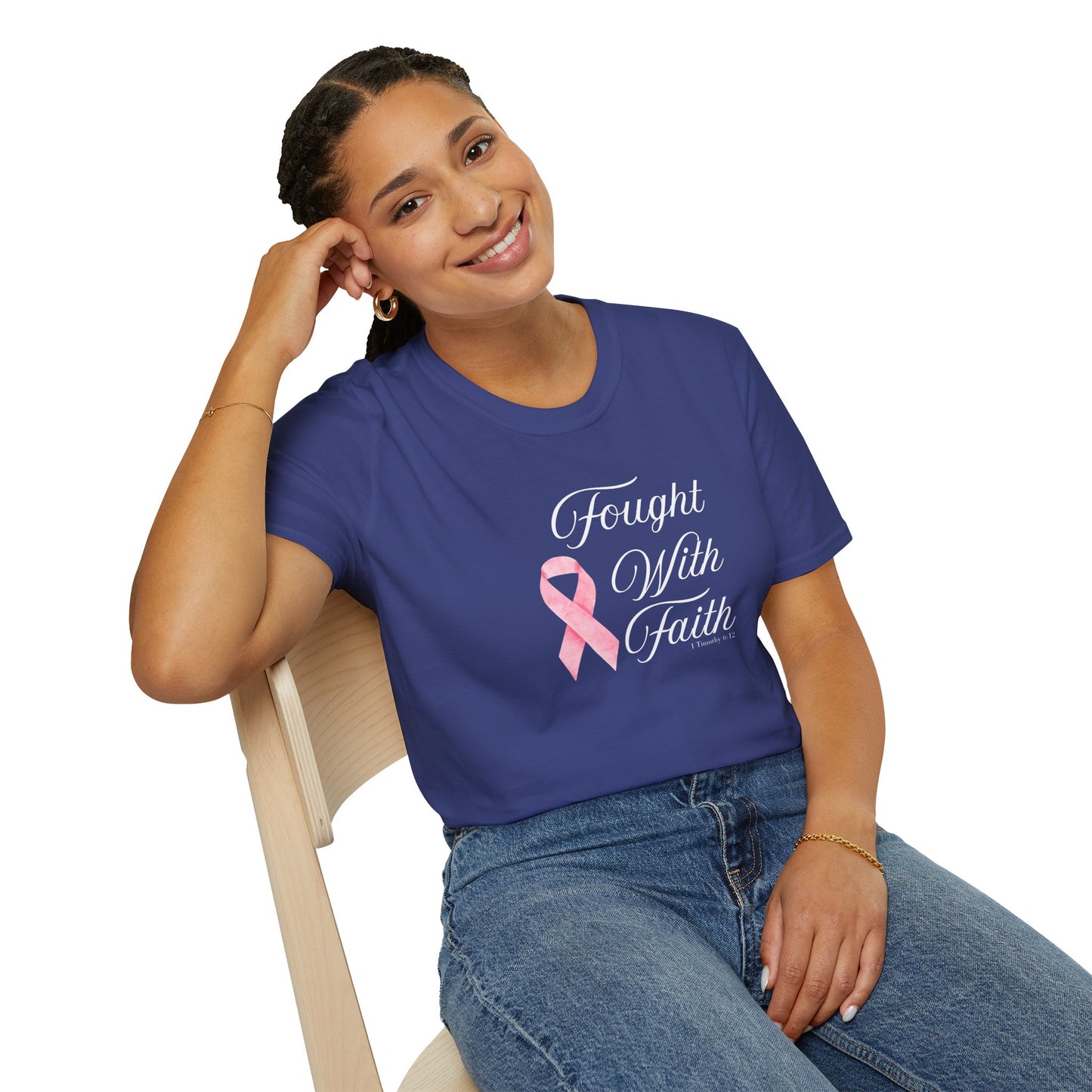 Pink Ribbon Fought With Faith Unisex Softstyle T-Shirt, Breast Cancer Awareness Tee, Supportive Gift, Inspirational Shirt, Faith T-Shirt