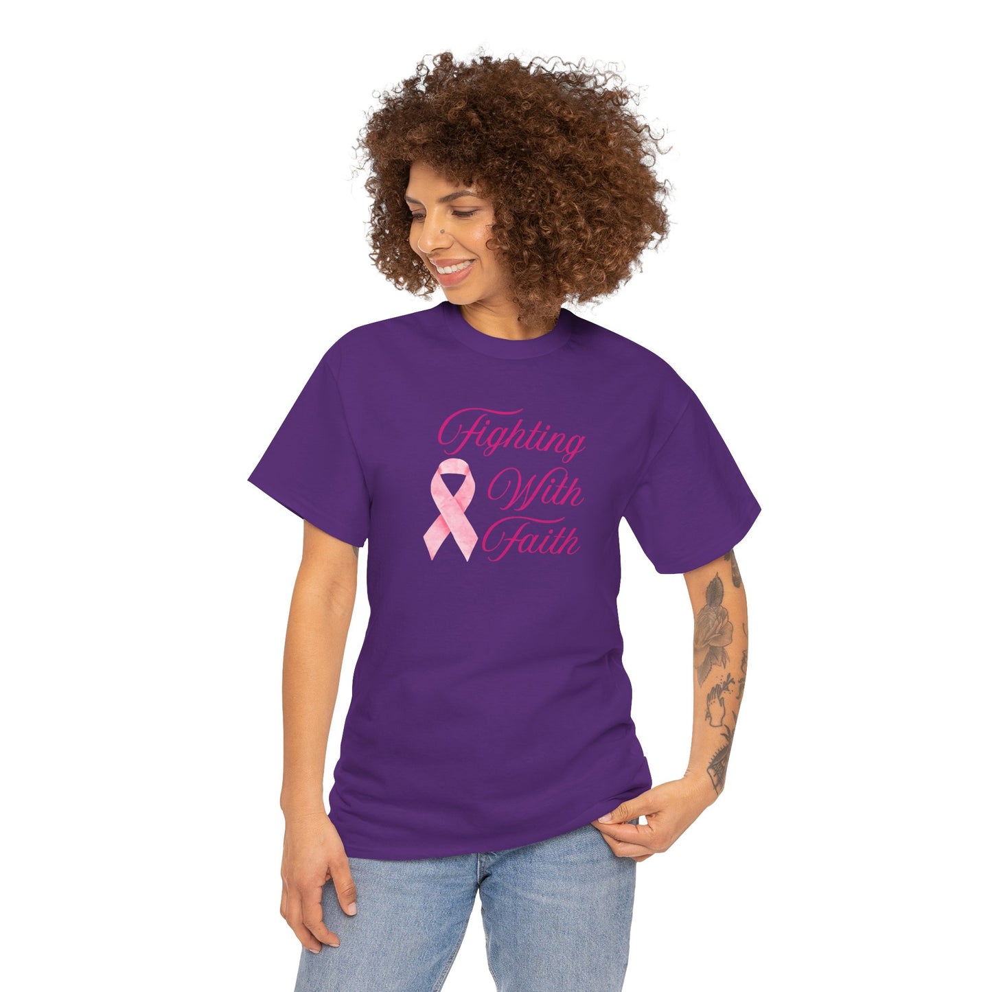Fighting With Faith Pink Ribbon Tee, Support Breast Cancer Awareness, Unisex Cotton Shirt, Gift for Cancer Fighters, Inspirational Apparel